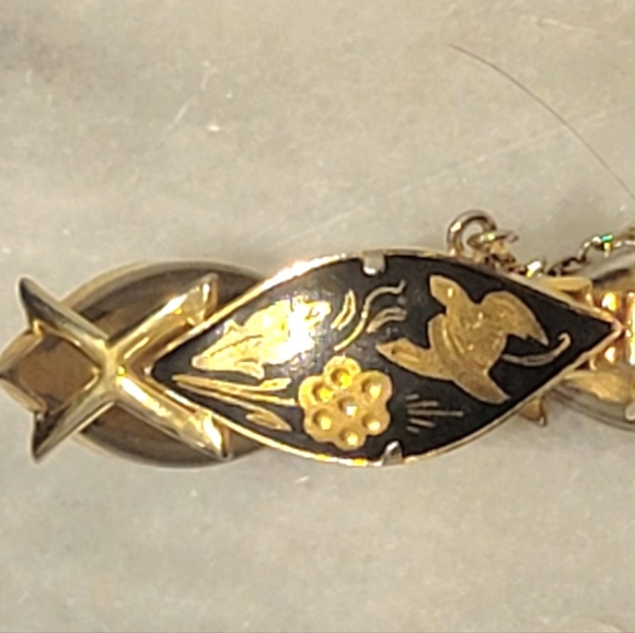 Damascene Art Nouveau link bracelet 7" opens to 8" with safety chain - Picture 3 of 5